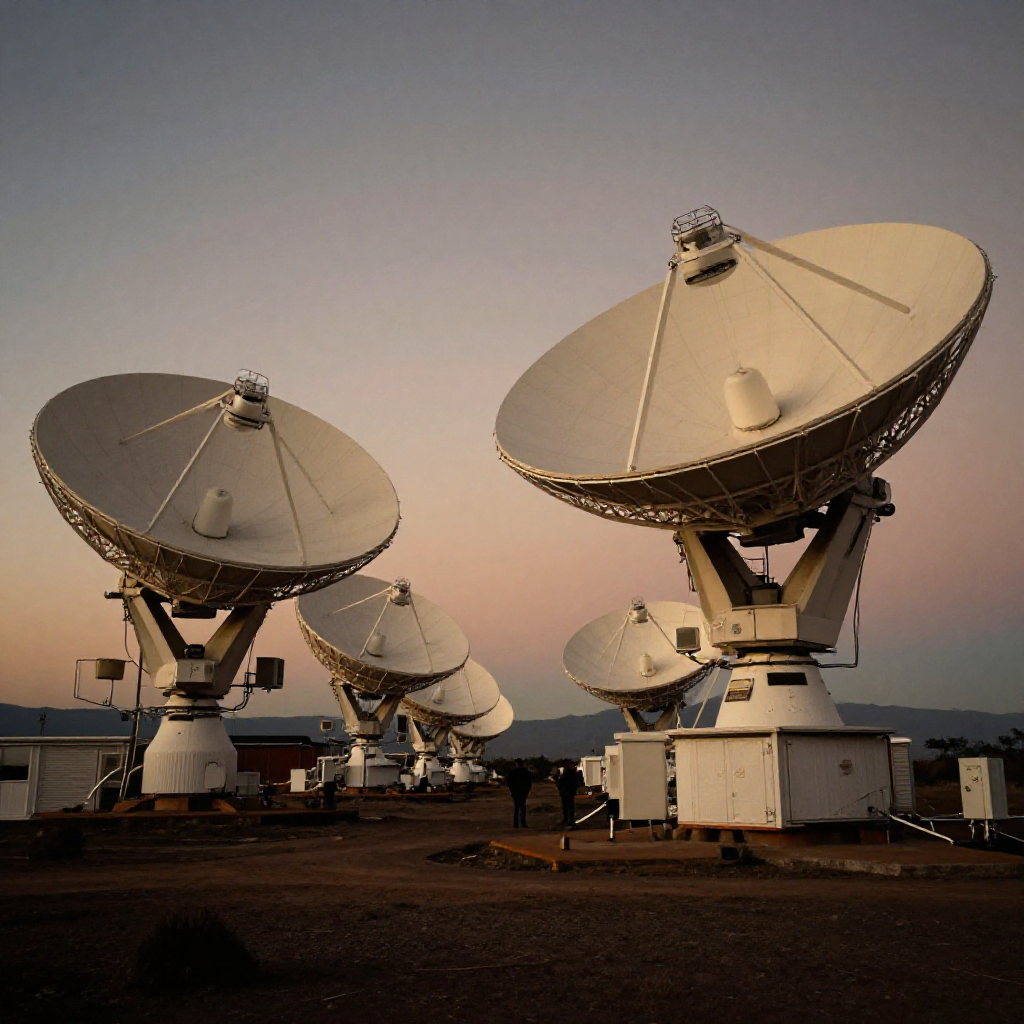 Estación satelital terrestre al atardecer, contexto de armas de control espacial