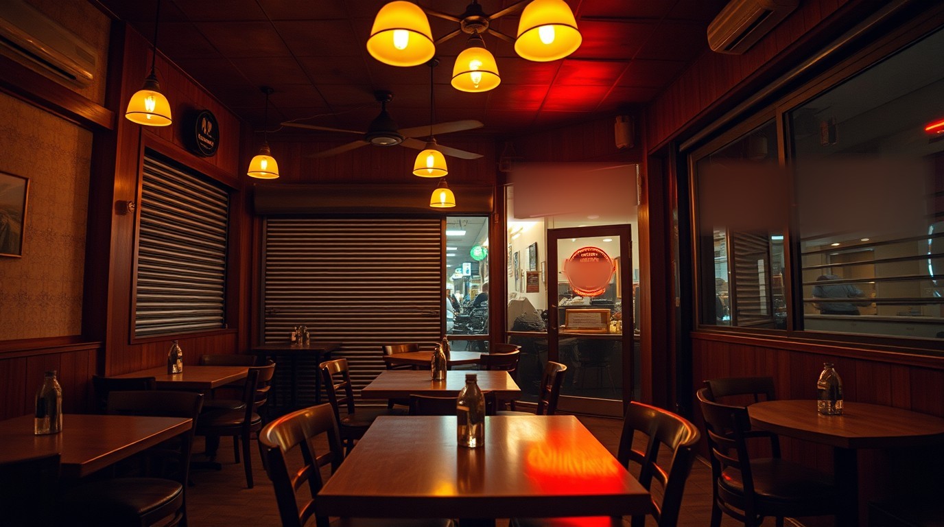 Interior de restaurante con mesas vacías y letreros de neón cálidos al anochecer