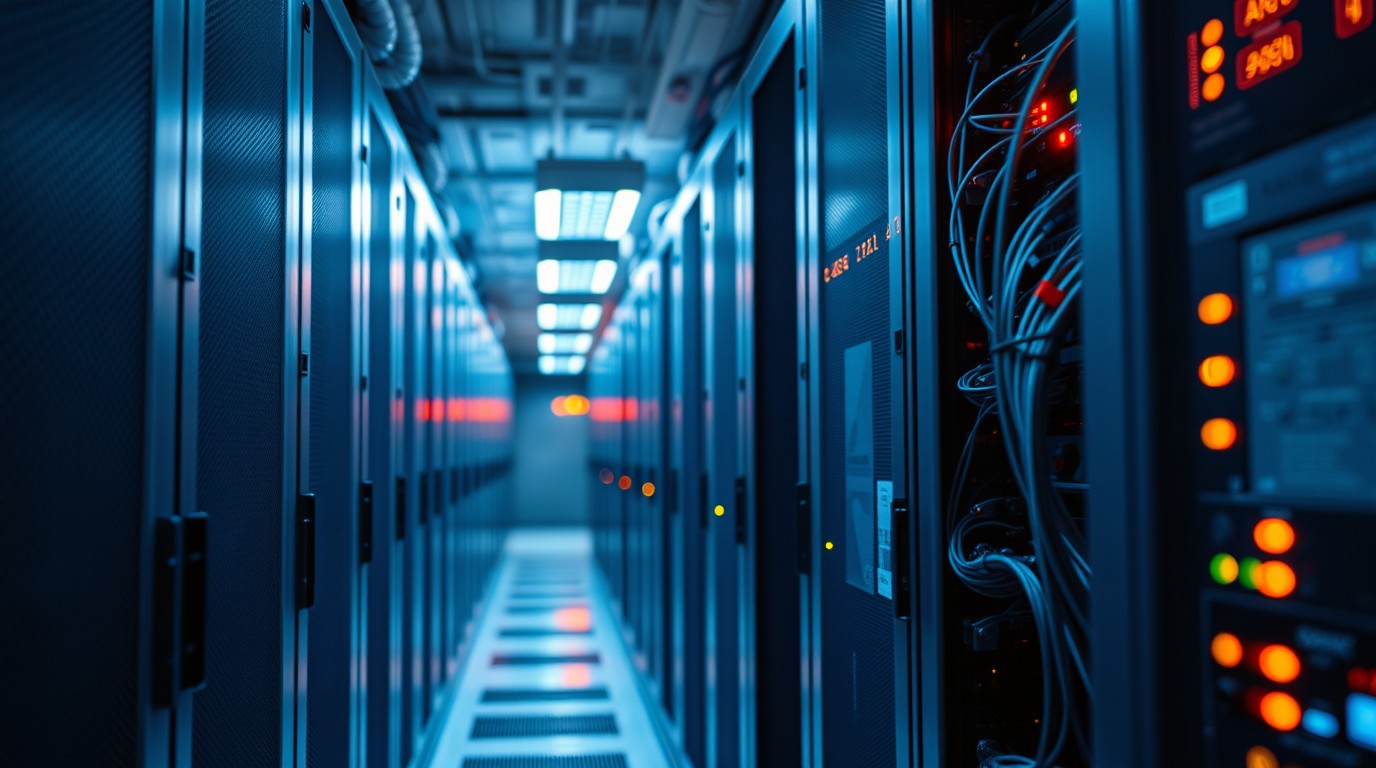 Servidores en centro de datos de IA con cables y luces de OpenAI