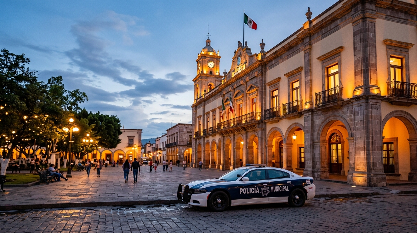 Edificio de palacio municipal con patrulla al frente, Operación Enjambre en México