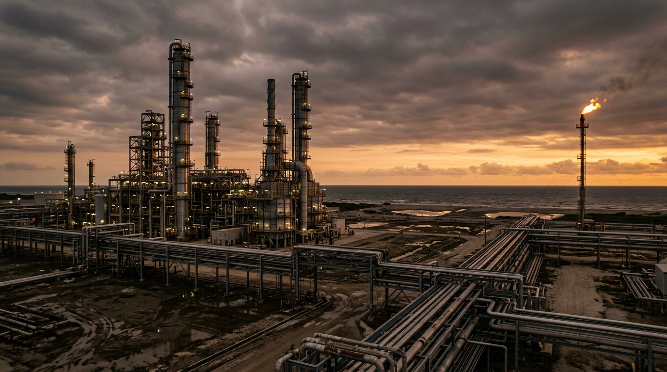 Torres y tuberías de la Refinería Olmeca al atardecer en Dos Bocas, Tabasco
