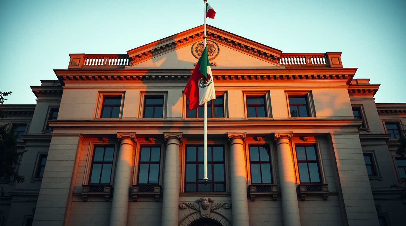 Edificio institucional de la Sedena con bandera mexicana al fondo en la Ciudad de México